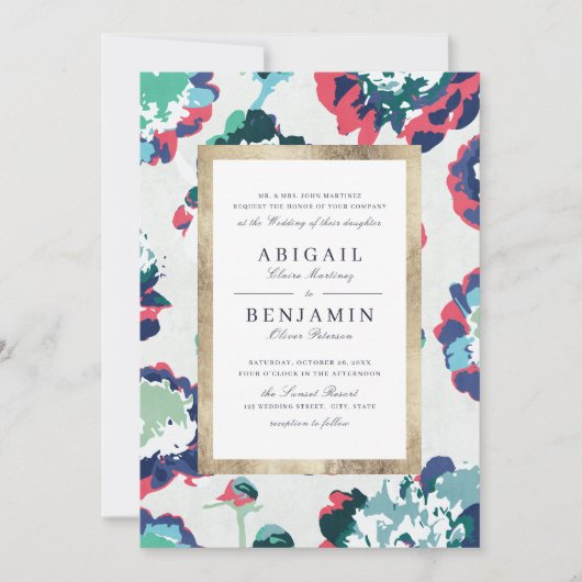 Invitation Mariage floral abstrait or vert classique (Devant)