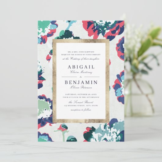 Invitation Mariage floral abstrait or vert classique (Debout devant)