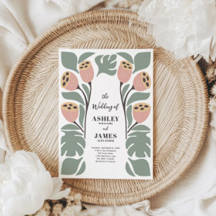 Invitation Mariage Floral Abstrait Stylisé Tons Sauge et Rose