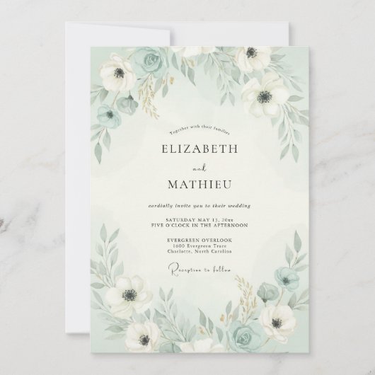 Invitation Mariage Floral Aéré Vert Menthe (Devant)