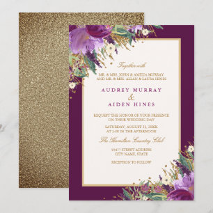 Invitation Mariage floral améthyste paillettes or violet
