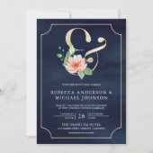 Invitation Mariage Floral Ampersand bleu de la Marine rose (Devant)