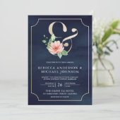 Invitation Mariage Floral Ampersand bleu de la Marine rose (Debout devant)