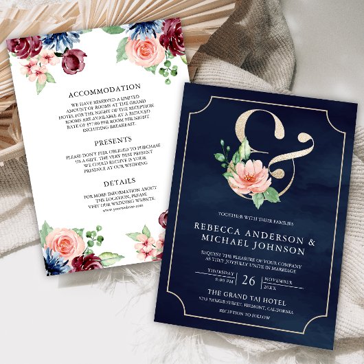 Invitation Mariage Floral Ampersand bleu de la Marine rose