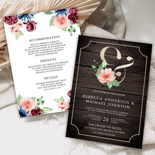 Invitation Mariage Floral Ampersand de la Marine rose Bois Bo