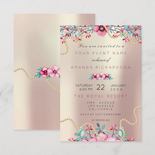 Invitation Mariage Floral Anniversaire Or Rose Perle Doux Gla (Devant / Derrière)