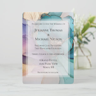 Invitation Mariage Floral Aqua Blue Purple Gold