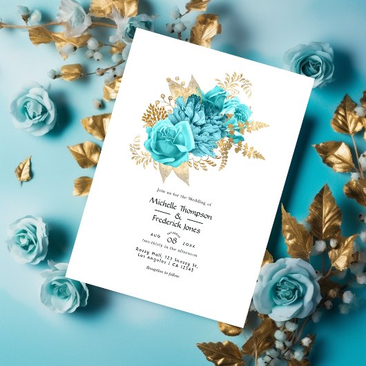 Invitation Mariage Floral Aqua et Gold