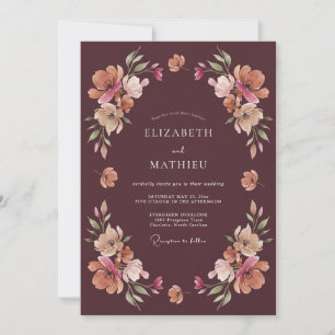 Invitation Mariage Floral Aquarelle Abricot Pourpre