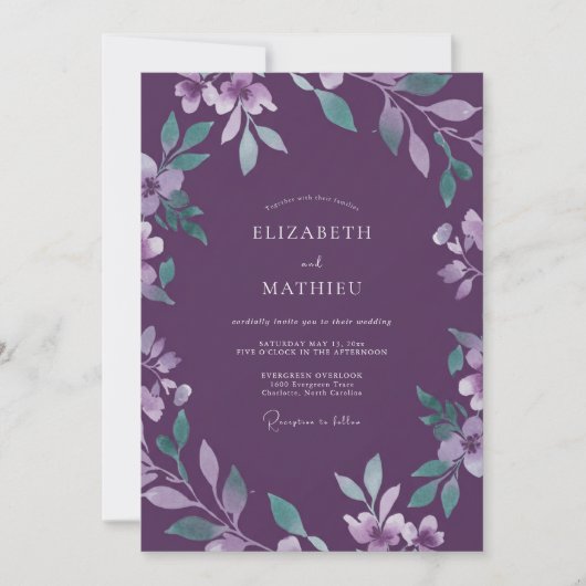 Invitation Mariage Floral Aquarelle Améthyste (Devant)