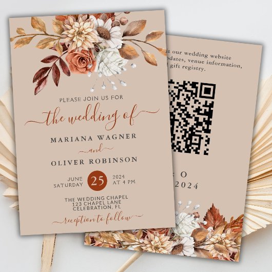 Invitation Mariage Floral Aquarelle Automne sur Code QR Beige