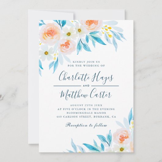 Invitation Mariage Floral Aquarelle Blanc Et Bleu Moderne (Devant)