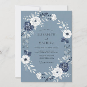 Invitation Mariage Floral Aquarelle Bleu Acier et Marine