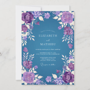 Invitation Mariage floral aquarelle bleu acier violet