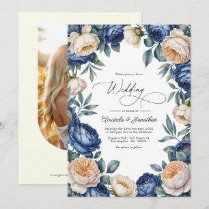 Invitation Mariage Floral Aquarelle Bleu Français et Ivoire