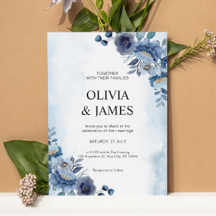 Invitation Mariage Floral Aquarelle Bleu Nuit Bohème