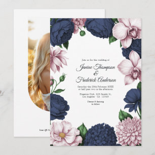 Invitation Mariage Floral Aquarelle Bleu Nuit et Blush