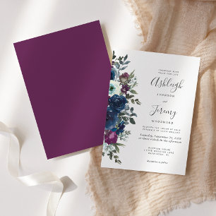 Invitation Mariage Floral Aquarelle Bleu Nuit et Prune