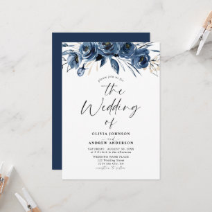 Invitation Mariage Floral Aquarelle Bleu Nuit Moderne Tendanc