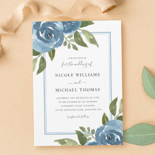 Invitation Mariage Floral Aquarelle Bleu Poussiéreux Élégant