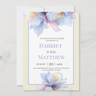 Invitation Mariage Floral Aquarelle Bleu Poussiéreux et Ivoir