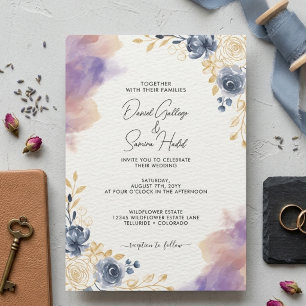 Invitation Mariage Floral Aquarelle Bleu Poussiéreux et Or