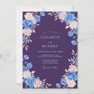 Invitation Mariage Floral Aquarelle Bleu Prune
