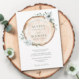 Invitation Mariage floral aquarelle Bois rustique coupé Sauge