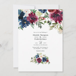 Invitation Mariage floral aquarelle Bordo et marine