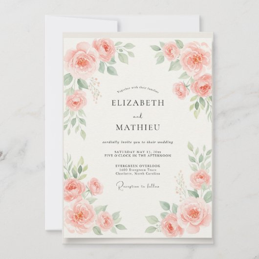Invitation Mariage Floral Aquarelle Corail (Devant)