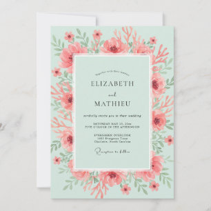 Invitation Mariage Floral Aquarelle Corail Menthe