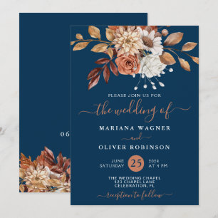 Invitation Mariage Floral Aquarelle d'Automne sur Fond Bleu M