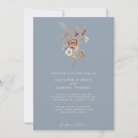 Invitation Mariage Floral Aquarelle Fleur Sauvage Bleu Poussi (Devant)