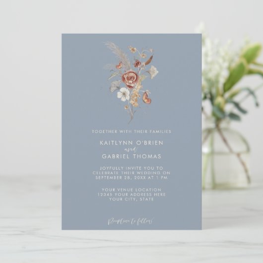 Invitation Mariage Floral Aquarelle Fleur Sauvage Bleu Poussi (Debout devant)
