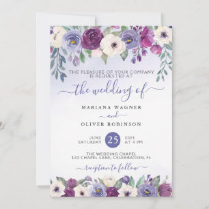 Invitation Mariage Floral Aquarelle Fuchsia et Pervenche Blus