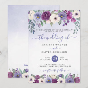 Invitation Mariage Floral Aquarelle Fuchsia et Pervenche Blus