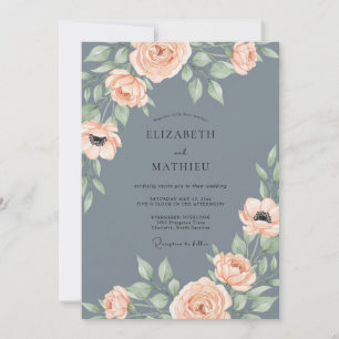 Invitation Mariage Floral Aquarelle Gris Ardoise et Pêche