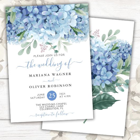 Invitation Mariage Floral Aquarelle Hydrangeas Bleues