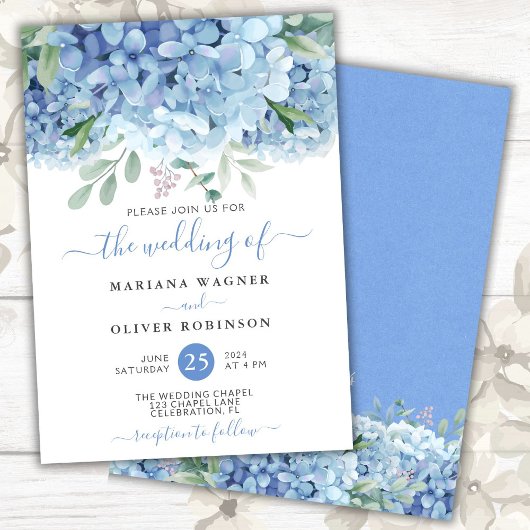 Invitation Mariage Floral Aquarelle Hydrangeas Bleus