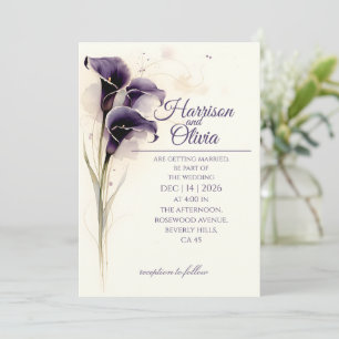 Invitation Mariage floral aquarelle lis calla violet profond