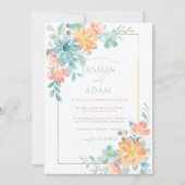 Invitation Mariage Floral Aquarelle Moderne Aqua Péché (Devant)