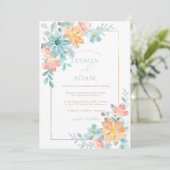 Invitation Mariage Floral Aquarelle Moderne Aqua Péché (Debout devant)