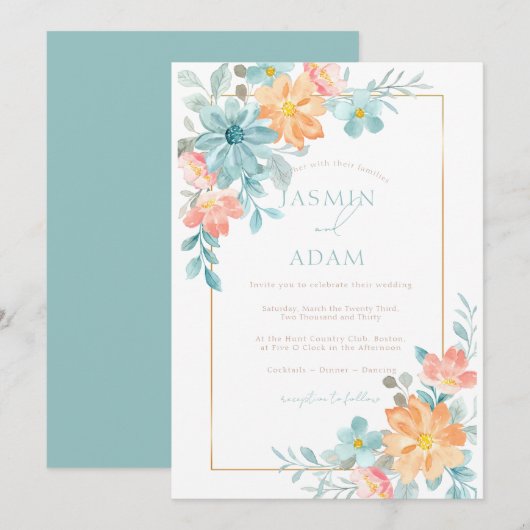 Invitation Mariage Floral Aquarelle Moderne Aqua Péché (Devant / Derrière)
