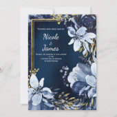 Invitation Mariage floral aquarelle moderne bleu marine et or (Devant)