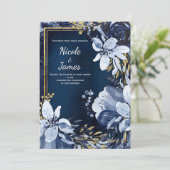 Invitation Mariage floral aquarelle moderne bleu marine et or (Debout devant)