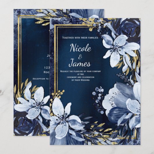 Invitation Mariage floral aquarelle moderne bleu marine et or (Devant / Derrière)