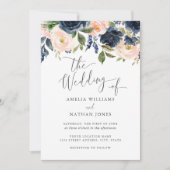 Invitation Mariage Floral Aquarelle Moderne Bleu Nuit (Devant)