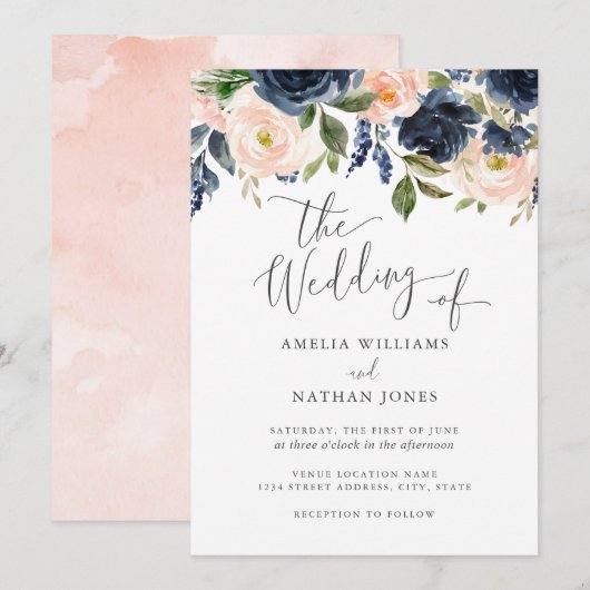 Invitation Mariage Floral Aquarelle Moderne Bleu Nuit (Devant / Derrière)