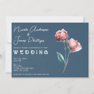 Invitation Mariage Floral Aquarelle Moderne Gris Bleu Poussié