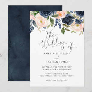 Invitation Mariage Floral Aquarelle Moderne Rose Navy